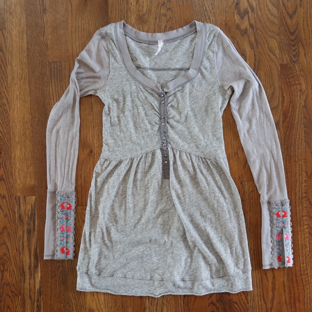 Free People Long Sleeve Embroidered Babydoll Top